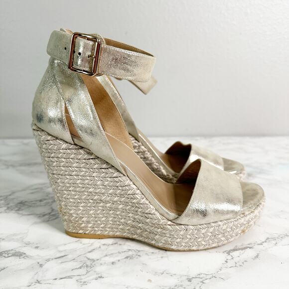 Stuart Weitzman Mostly Platform Metallic Suede Espadrille Wedge Sandals Size 9.5 - Picture 1 of 14